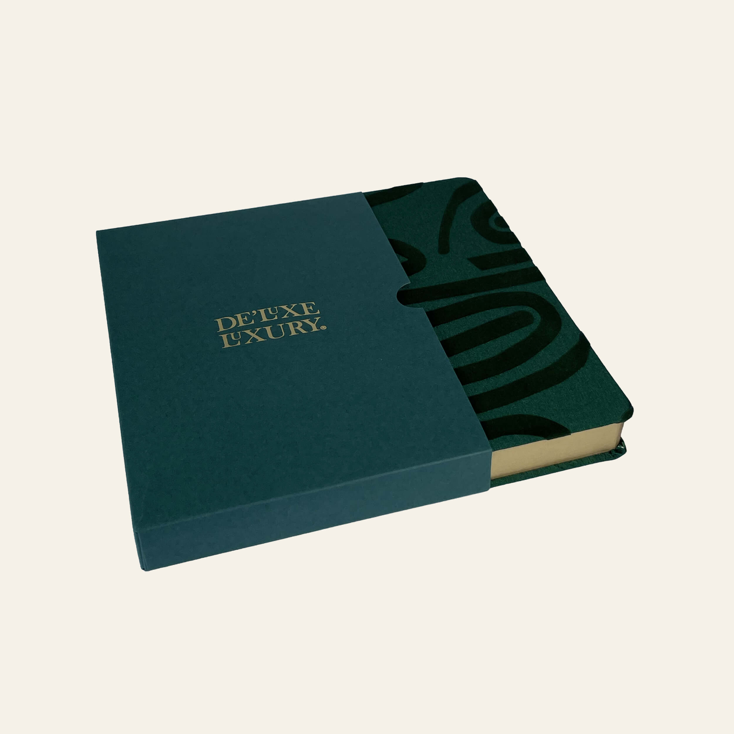 An emerald slipcase with the Remembering Journal featuring a dark emerald texture cover featuring dark emerald Scarab Path pattern, shown laying against a light cream background.