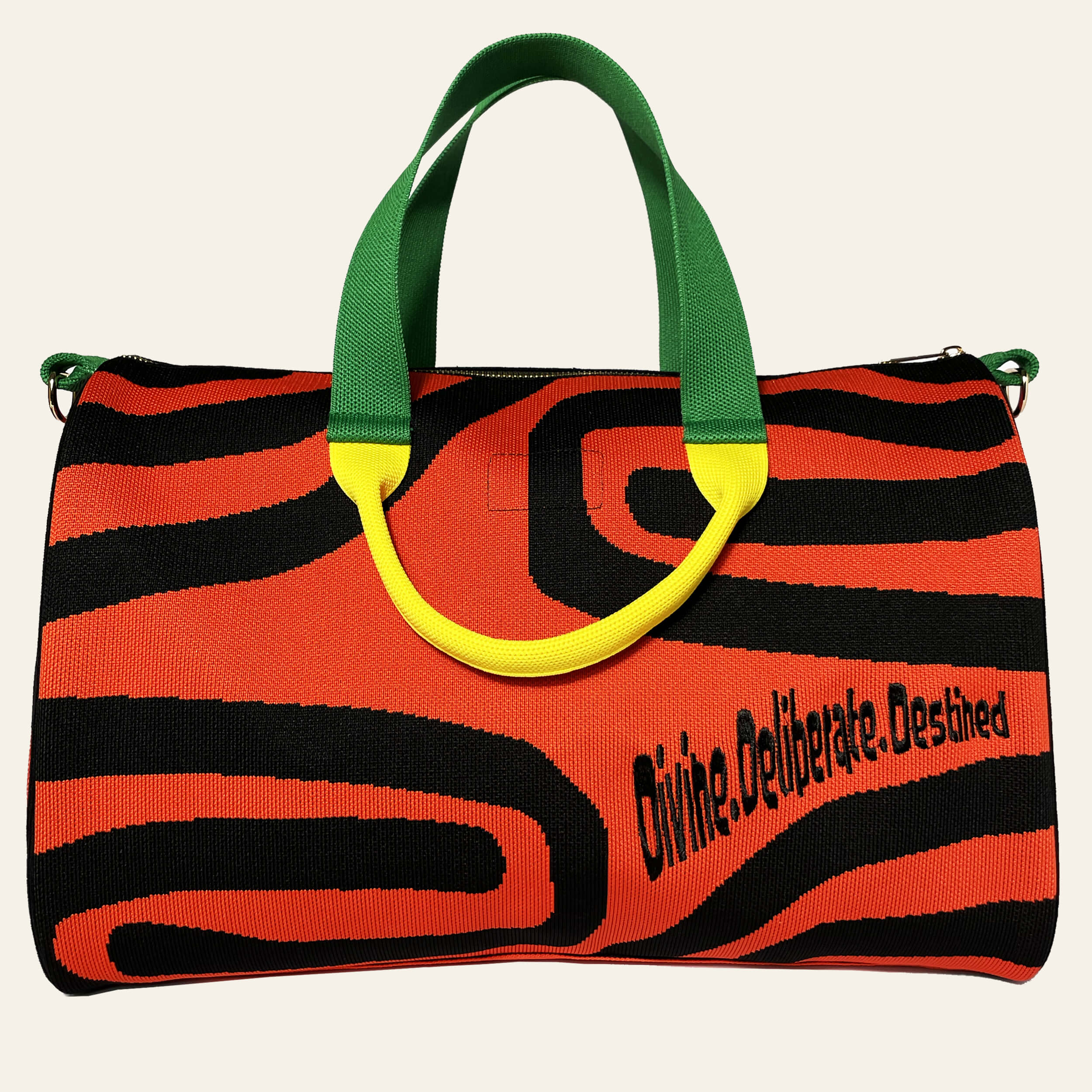 De'Luxe Luxury Scarab Journey handbag  back view in emerald, citrine, black and amber knit fabric
